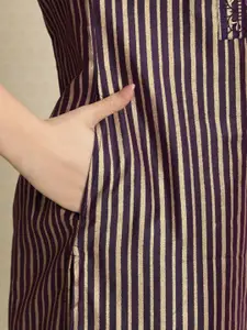 House of Pataudi Women Purple & Gold-Toned Foil Striped Floral Thread Work Jashn Kurta