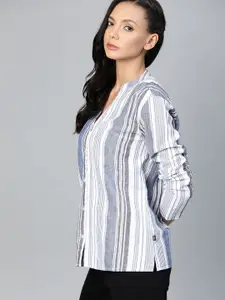 Roadster Women White & Navy Blue Striped Linen Blend Casual Shirt