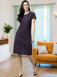 Kryptic Navy Blue Printed Cotton Nightdress