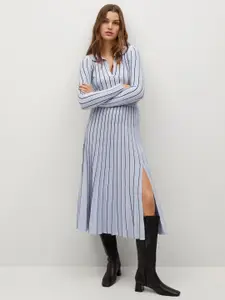 MANGO Blue & Black Striped Accordion Pleated Midi A-Line Skirt