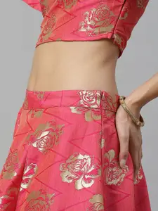 flaher Pink & Golden Floral Woven Design Ready to Wear Lehenga with Blouse