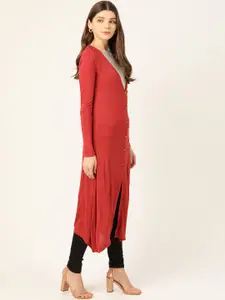 Trend Arrest Women Rust Red Solid Button Shrug