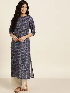 Sangria Women Navy Blue & White Geometric Printed Kurta