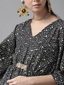 Ahalyaa Women Black & White Printed Flared Sleeves Kaftan Kurta