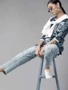 Indo Era Women Blue Geometric Printed Indigo Angrakha Style Kurti