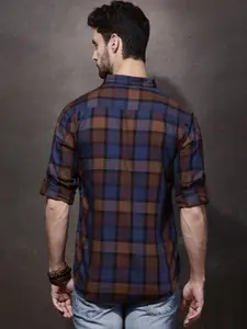Roadster Men Navy Blue & Brown Checked Sustainable Casual Shirt