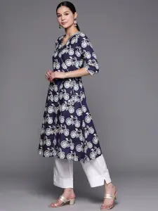 Ahalyaa Women Navy Blue & Off White Pure Cotton Printed Angrakha Kurta