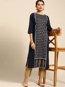 Anouk Women Navy Blue & Golden Pure Cotton Geometric Printed Straight Kurta