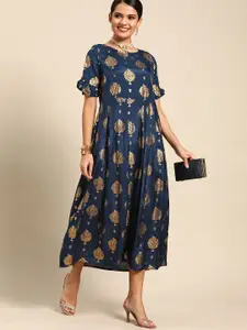 Anouk Women Navy Blue & Golden Ethnic Motifs Printed A-Line Dress