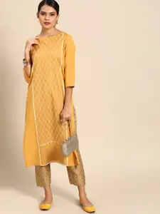 Anouk Women Mustard Yellow & Golden Pure Cotton Geometric Printed Kurta