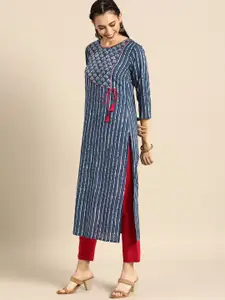 Varanga Women Blue & White Printed Thread Work Kurta
