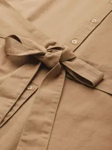 SASSAFRAS Women Beige Solid Cotton Shirt Dress with Belt