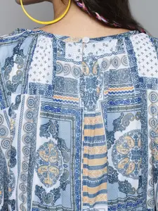 SASSAFRAS Women Blue & White Geometric Printed Maxi Dress