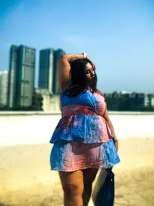 SASSAFRAS Blue & Brown Tie & Dye Printed Layered Smocked Fit and Flare Dress