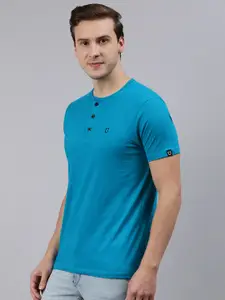 Urbano Fashion Men Blue Henley Neck Slim Fit  Pure Cotton T-shirt