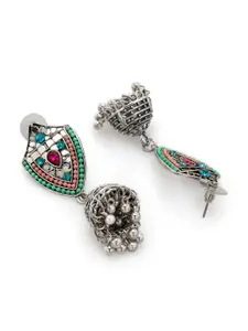 Rubans Silver-Toned & Green Dome Shaped Jhumkas