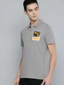 Puma Men Grey & Orange Printed Polo Collar T-shirt