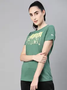 Puma Women Green & Yellow Regular Fit Brand Logo Printed Pure Cotton T-shirt