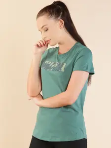 Puma Women Green Graphic 15 Regular Fit Pure Cotton Printed Round Neck T-shirt