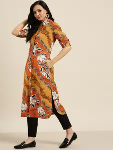 Sangria Women Mustard Yellow & Orange Ethnic Motifs Print Cotton Pathani Kurta