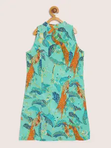 Sangria Girls Teal Blue & Orange Pure Cotton Bird Print Straight Kurta