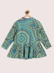 Sangria Girls Green & Red Mandarin Collar Printed A-Line Top