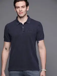 Allen Solly Sport Men Navy Blue Brand Logo Embroidered Detail Polo Collar Cotton T-shirt