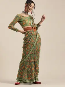 Saree mall Green Orange Poly Georgette Floral Print Bagru Saree