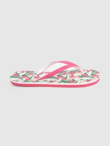 DressBerry Women Pink & Green Printed Thong Flip-Flops