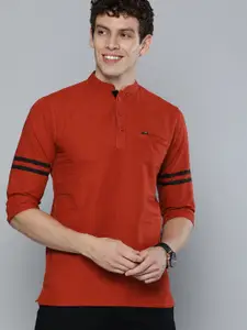 The Indian Garage Co Men Coral Red Solid Pure Cotton Kurta