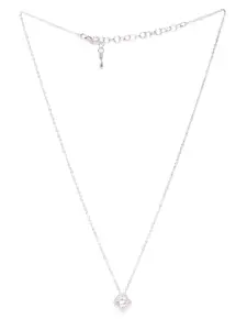 Carlton London Silver-Toned Rhodium Plated Stone-Studded Cube Shaped Pendant with Chain