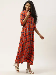 Deewa Women Orange & Navy Blue Checked Shirt Maxi Dress