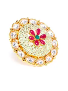 PANASH Gold-Plated White & Green Kundan-Studded Hand-Painted Adjustable Cocktail Finger Ring