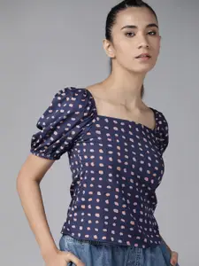 Roadster Navy Blue & Pink Pure Cotton Polka Dot Print Puff Sleeve Regular Top