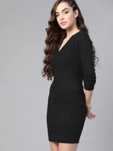 Roadster Black Solid Ribbed Wrap Dress