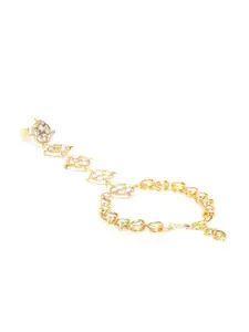 I Jewels White Gold-Plated Kundan Studded & Beaded Handcrafted Ring Bracelet