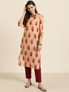 Sangria Women Peach Coloured & Green Floral Print Straight Kurta