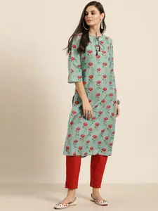 Sangria Women Sea Green & Maroon Floral Printed Flared Sleeves Sequins Kurta