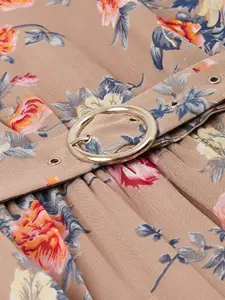 Slenor Women Taupe & Blue Floral Printed A-Line Dress With Puff Sleeves