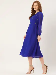 Slenor Women Blue Solid A-Line Dress with Embellished Detail