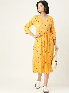 Anouk Yellow & Red Pure Cotton Floral Printed A-Line Midi Dress