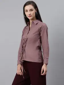 plusS Women Tantalising Mauve Lace-Up Solid Casual Shirt