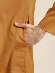 SOJANYA Men Mustard Yellow Solid Pure Cotton Straight Kurta With Embroidered Detail