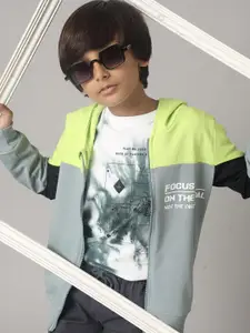 UNDER FOURTEEN ONLY Boys Colourblocked Hooded Cotton Front Open Sweatshirt