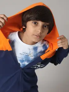 UNDER FOURTEEN ONLY Boys Colourblocked Hooded Cotton Front Open Sweatshirt