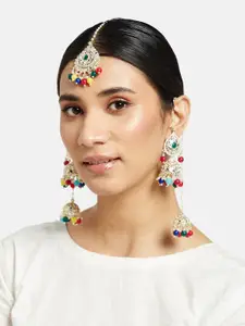 ATIBELLE Gold-Plated Stone-Studded & Beaded Earrings With Maang Tika