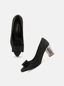 DressBerry Black Textured Bow Embellished Block Heel Pumps