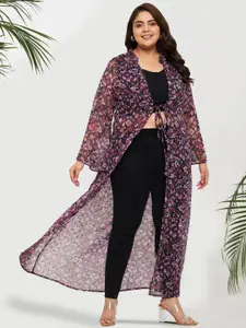 wild U Plus Size Floral Printed Longline Tie-Up Shrug