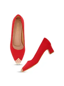 DressBerry Red & Gold Toned Embellished Pointed Toe Block Pumps