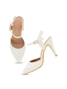 DressBerry White Textured Pointed Toe Stiletto Pumps With Ankle Loop